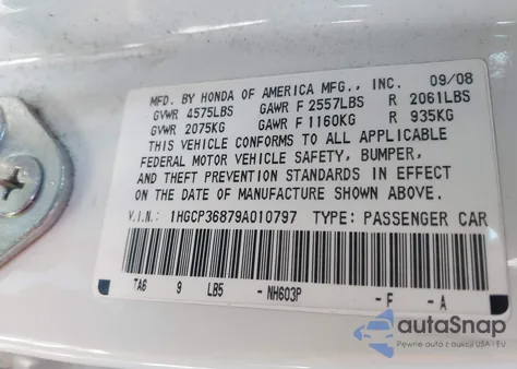 2009 Honda Accord 3.5 Ex-L z USA, uszkodzony, nr VIN 1HGCP36879A010797